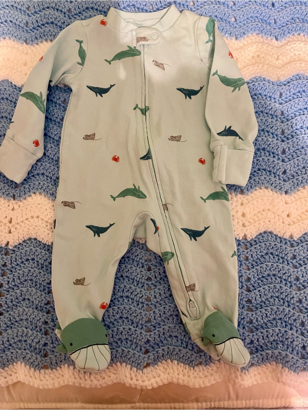 Baby One-Piece Footed Pajamas in Seafoam with Whale Print